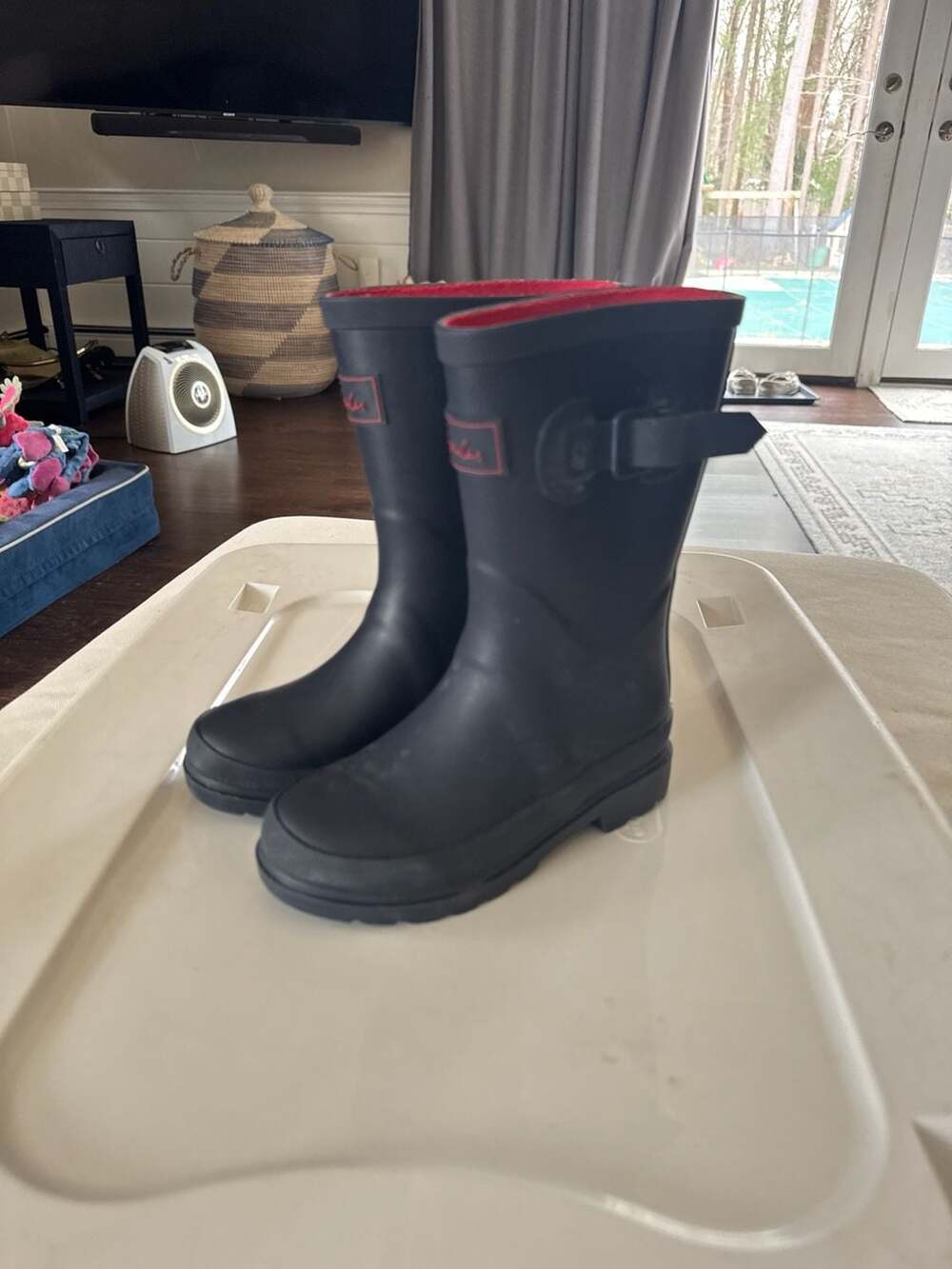 Joules Kids' Field Welly Rain Boots French Navy with Red Trim - Picture 3 of 5